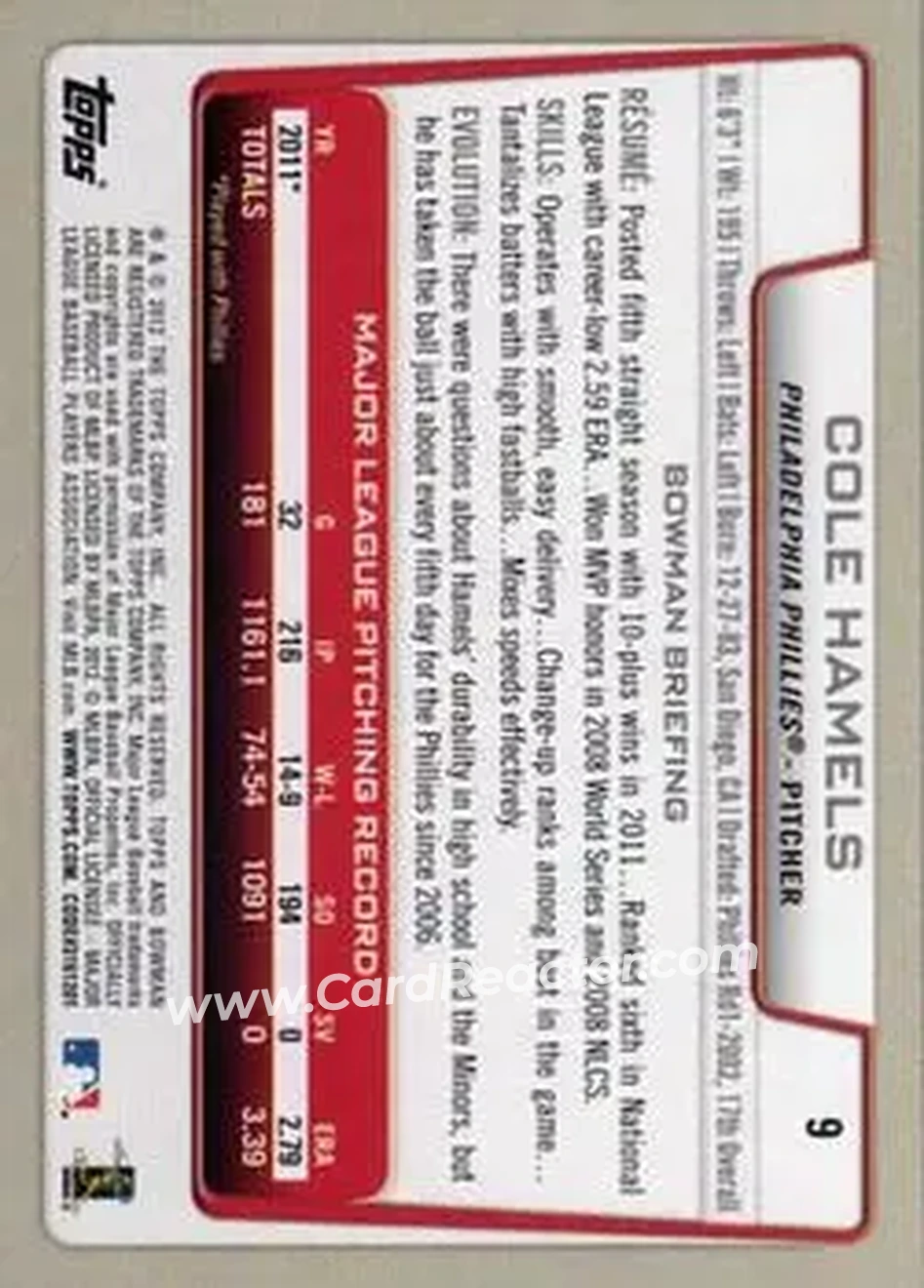 2012 Bowman #9 - Cole Hamels - Philadelphia Phillies - Back