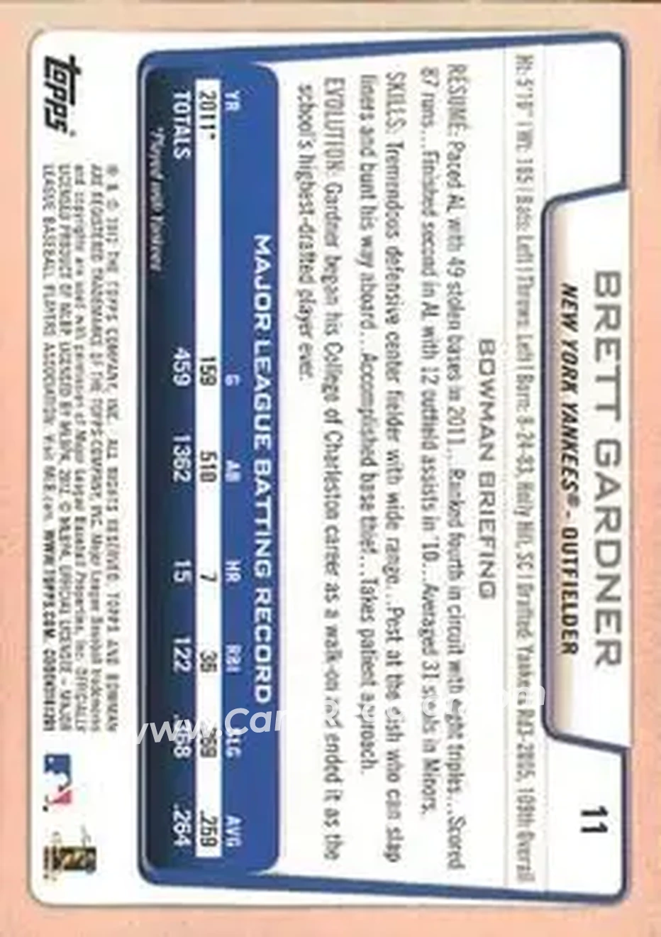 2012 Bowman #11 - Brett Gardner - New York Yankees - Back