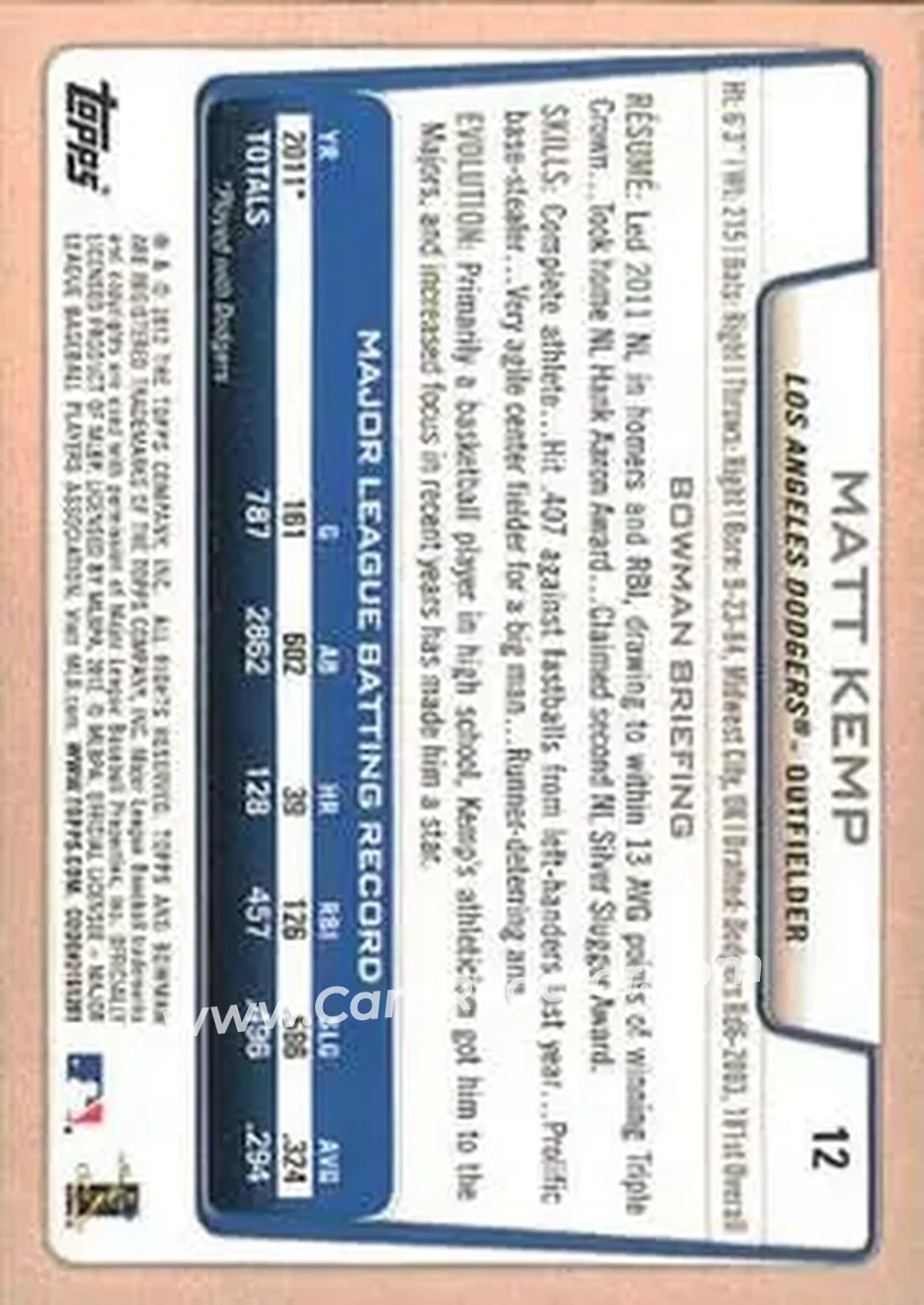 2012 Bowman #12 - Matt Kemp - Los Angeles Dodgers - Back