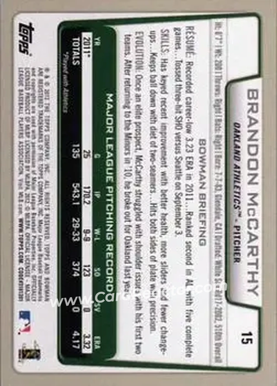 2012 Bowman #15 - Brandon McCarthy - Oakland Athletics - Back