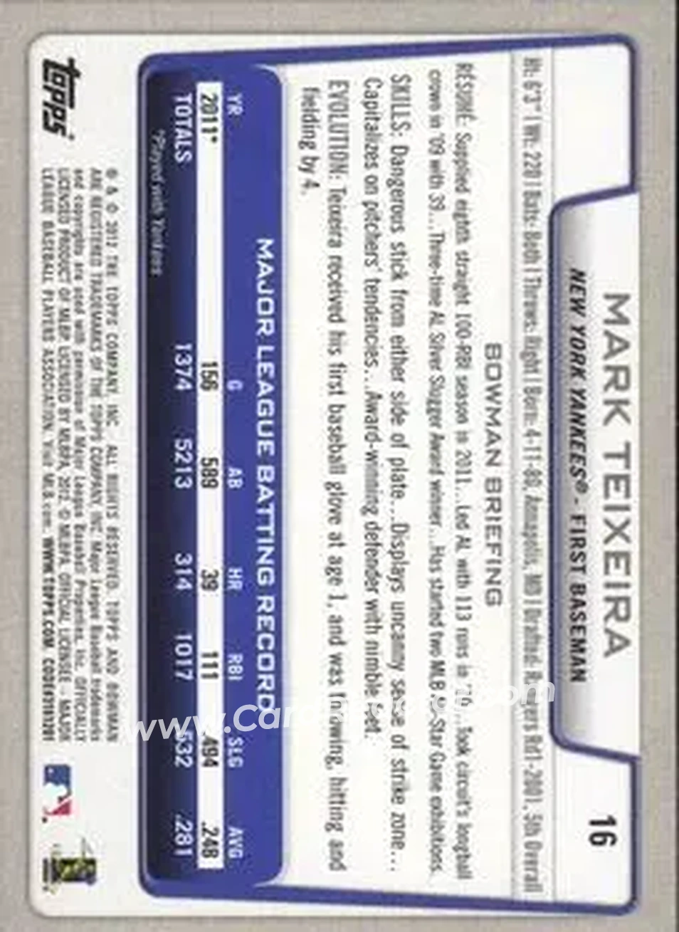 2012 Bowman #16 - Mark Teixeira - New York Yankees - Back