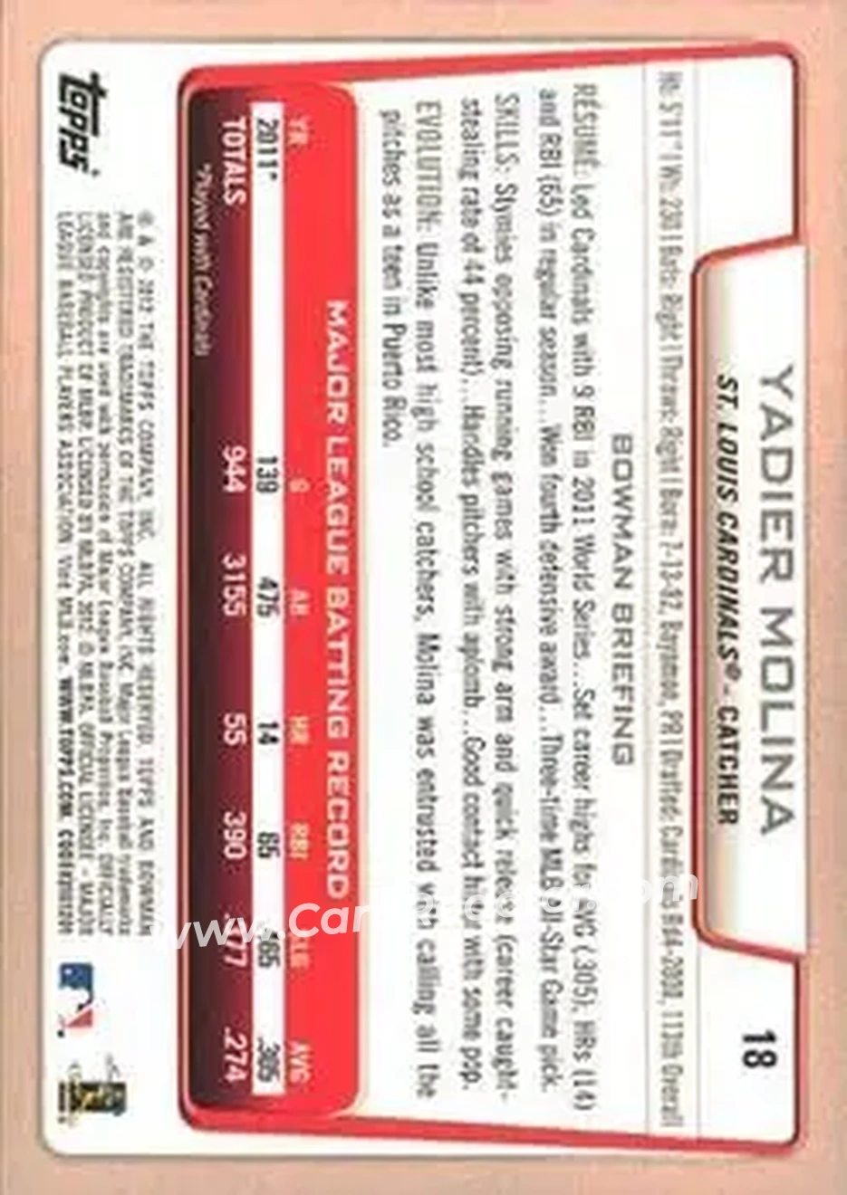 2012 Bowman #18 - Yadier Molina - St. Louis Cardinals - Back 2012 Bowman #18 - Yadier Molina - St. Louis Cardinals - Back