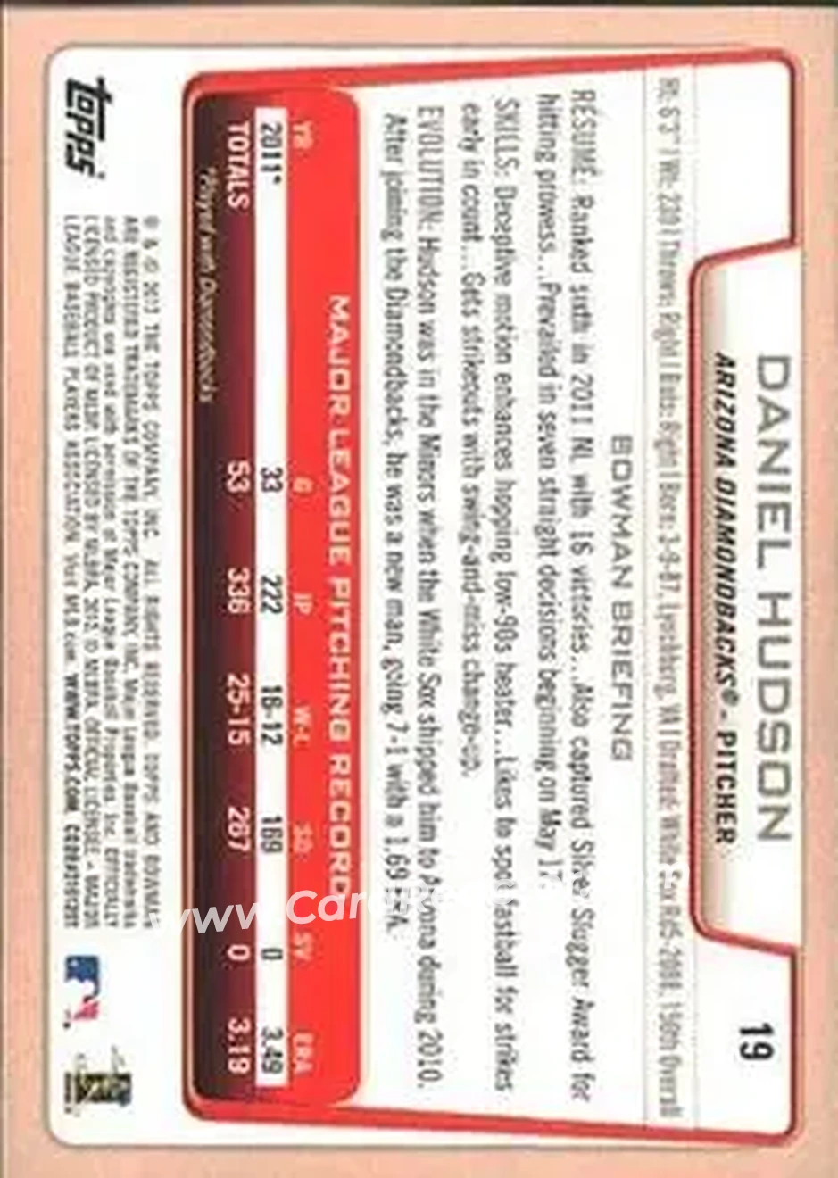 2012 Bowman #19 - Daniel Hudson - Arizona Diamondbacks - Back