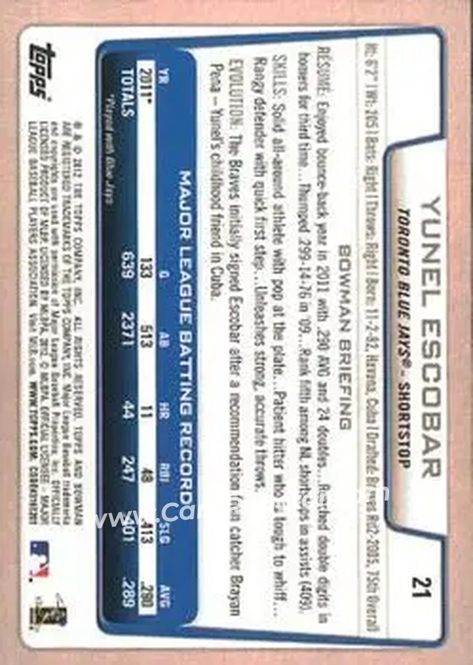2012 Bowman #21 - Yunel Escobar - Toronto Blue Jays - Back