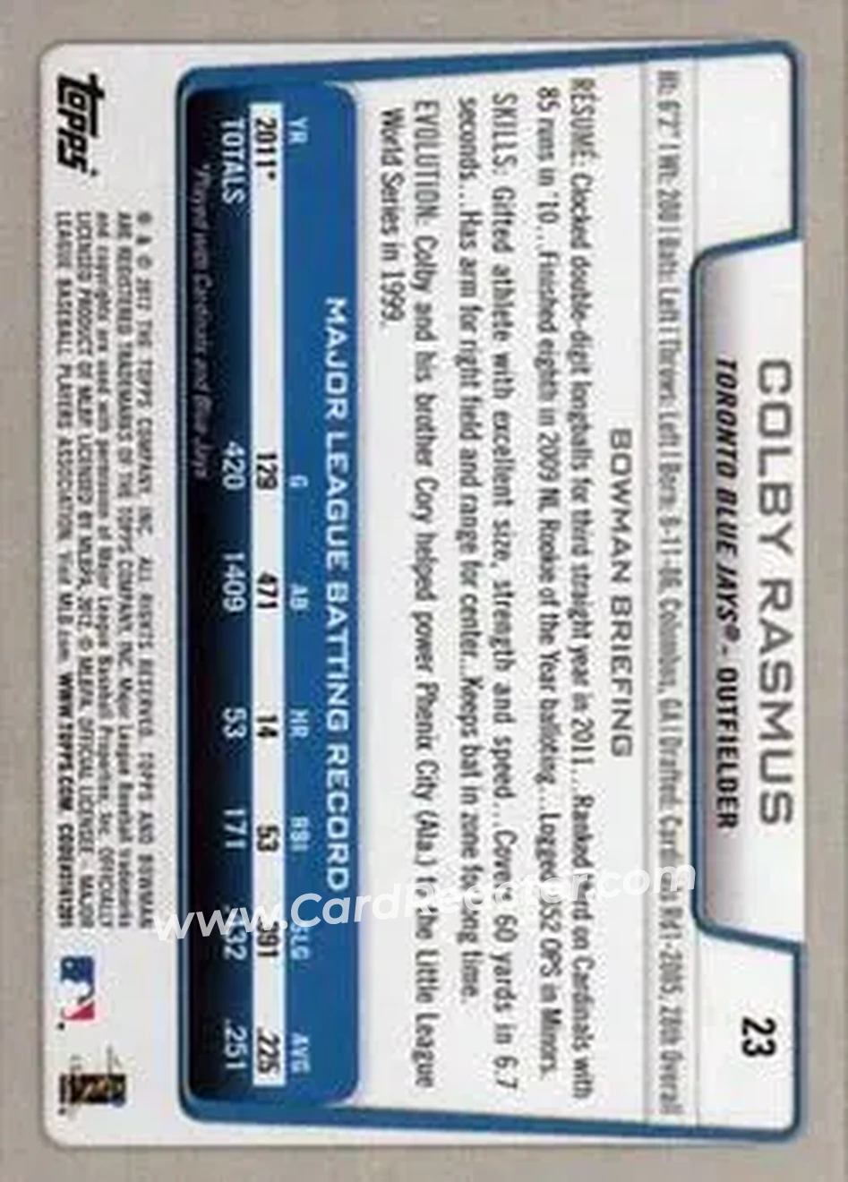 2012 Bowman #23 - Colby Rasmus - Toronto Blue Jays - Back