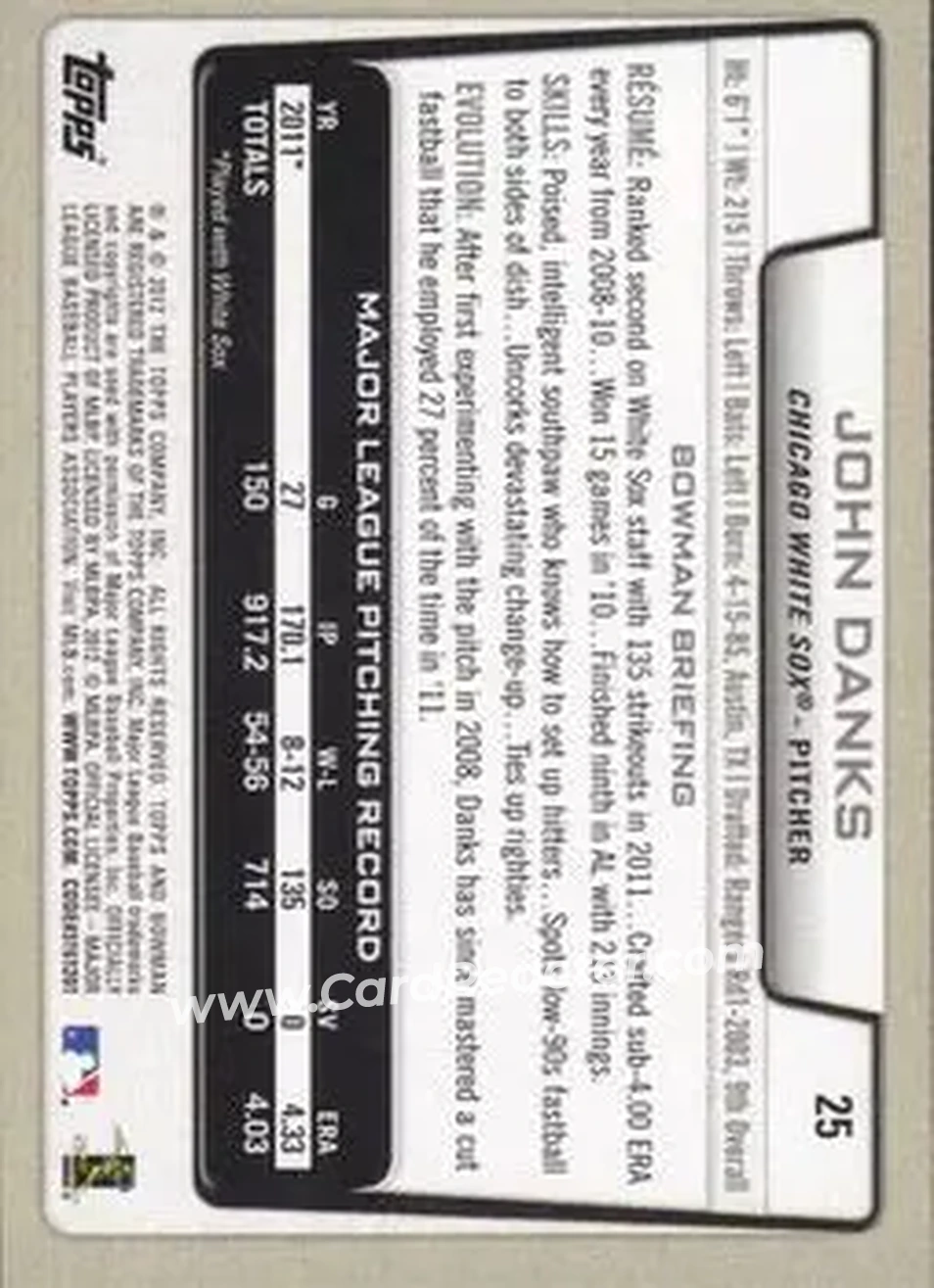 2012 Bowman #25 - John Danks - Chicago White Sox - Back