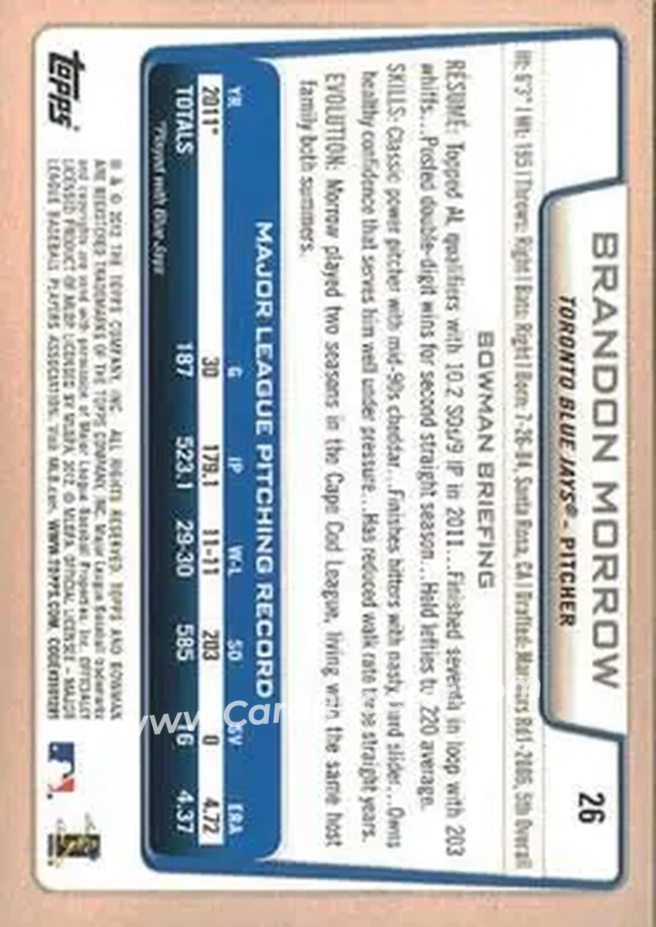 2012 Bowman #26 - Brandon Morrow - Toronto Blue Jays - Back