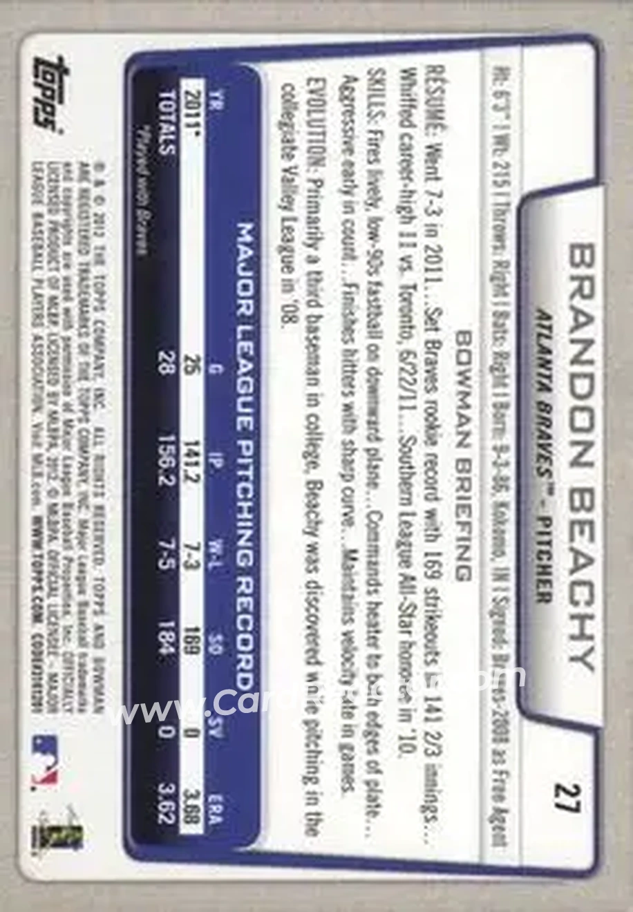 2012 Bowman #27 - Brandon Beachy - Atlanta Braves - Back