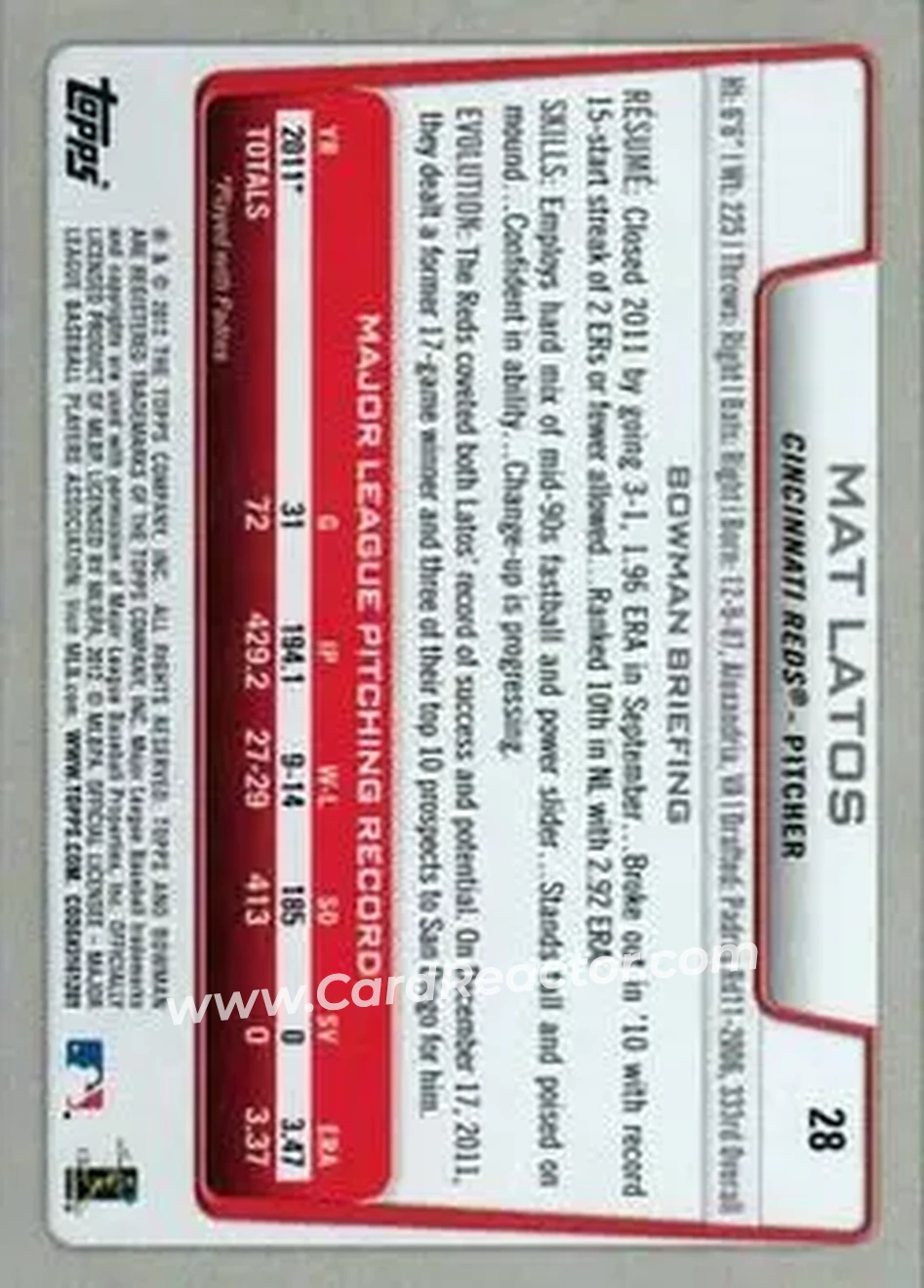 2012 Bowman #28 - Mat Latos - Cincinnati Reds - Back