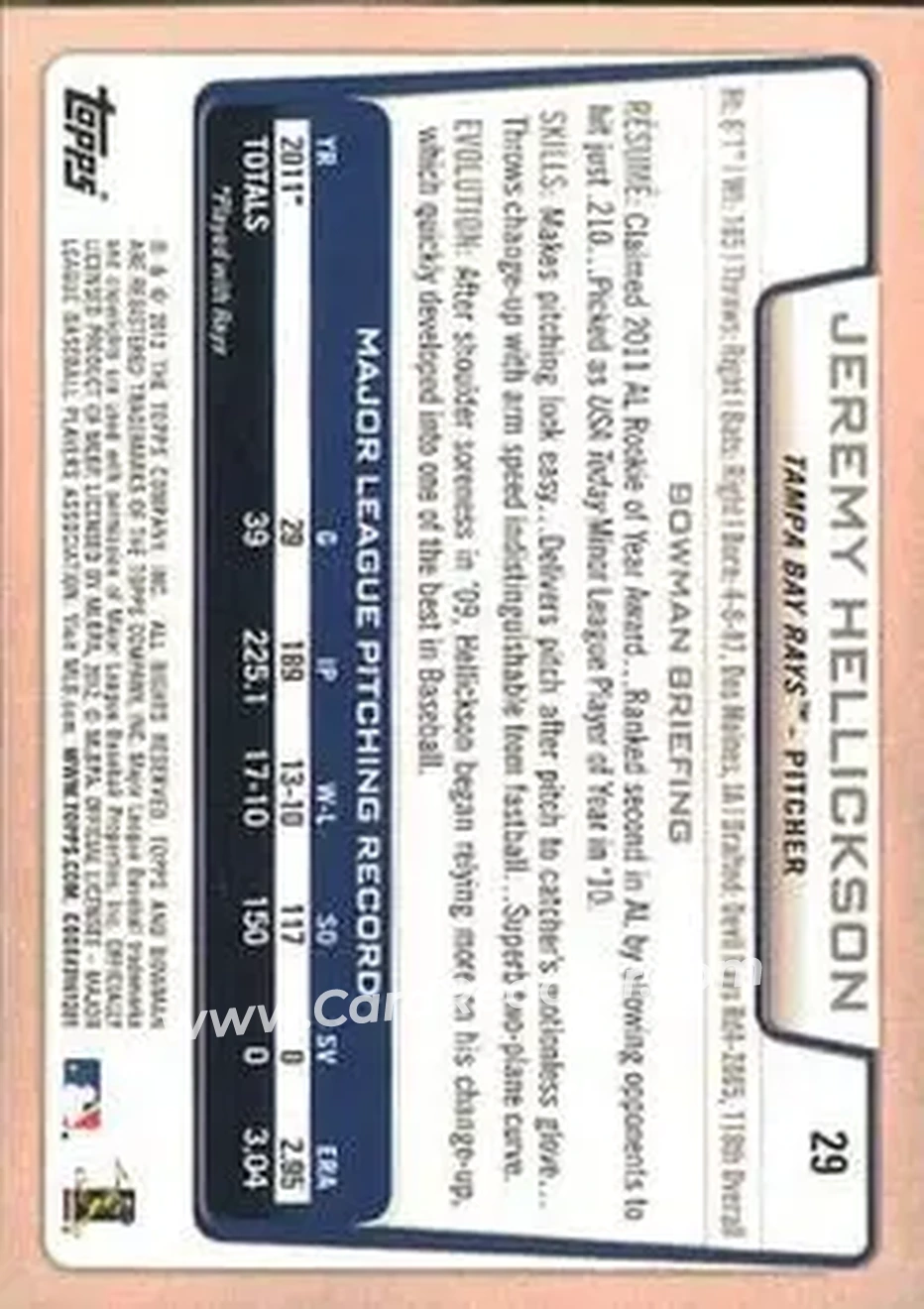 2012 Bowman #29 - Jeremy Hellickson - Tampa Bay Rays - Back 2012 Bowman #29 - Jeremy Hellickson - Tampa Bay Rays - Back