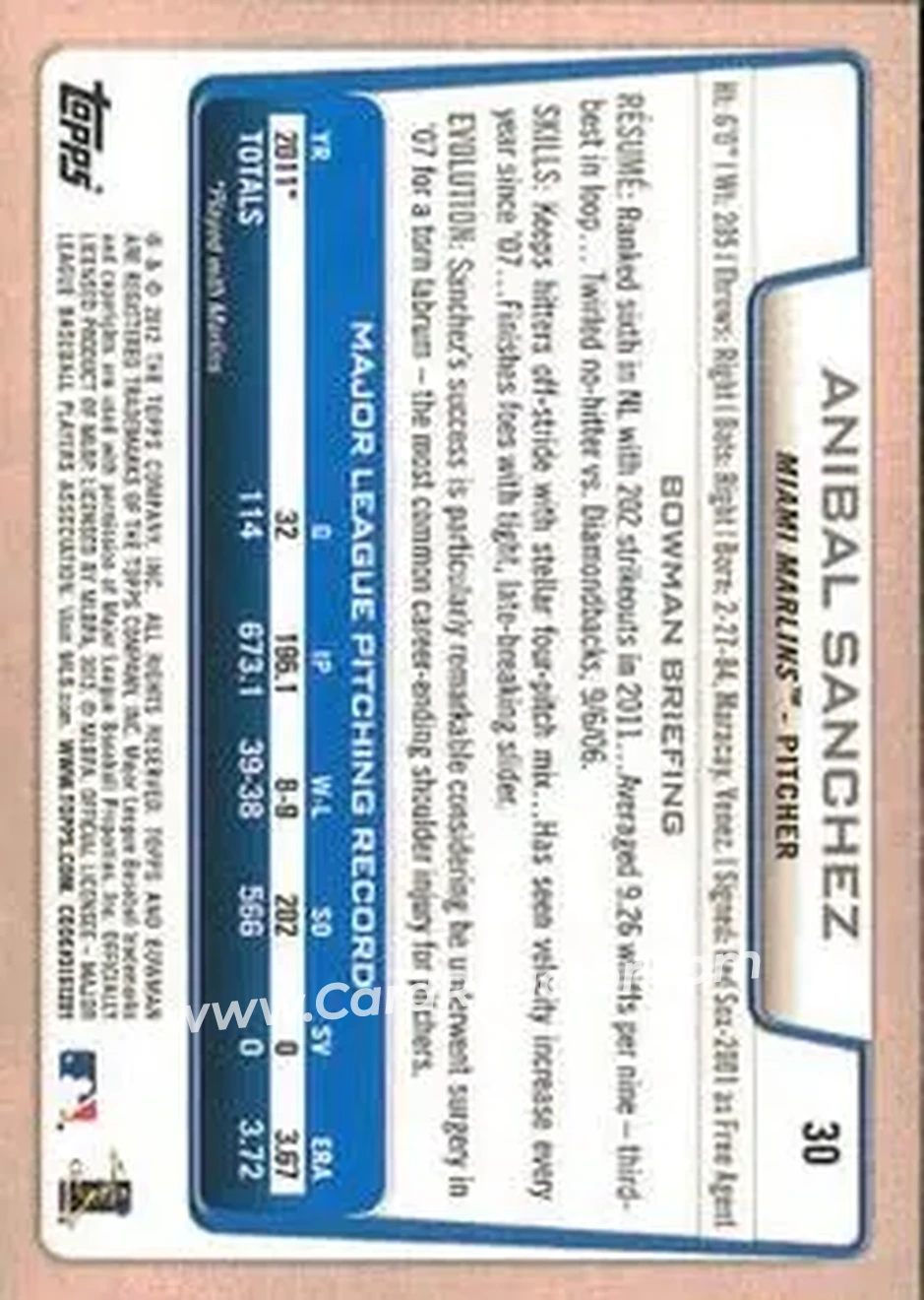 2012 Bowman #30 - Anibal Sanchez - Miami Marlins - Back 2012 Bowman #30 - Anibal Sanchez - Miami Marlins - Back