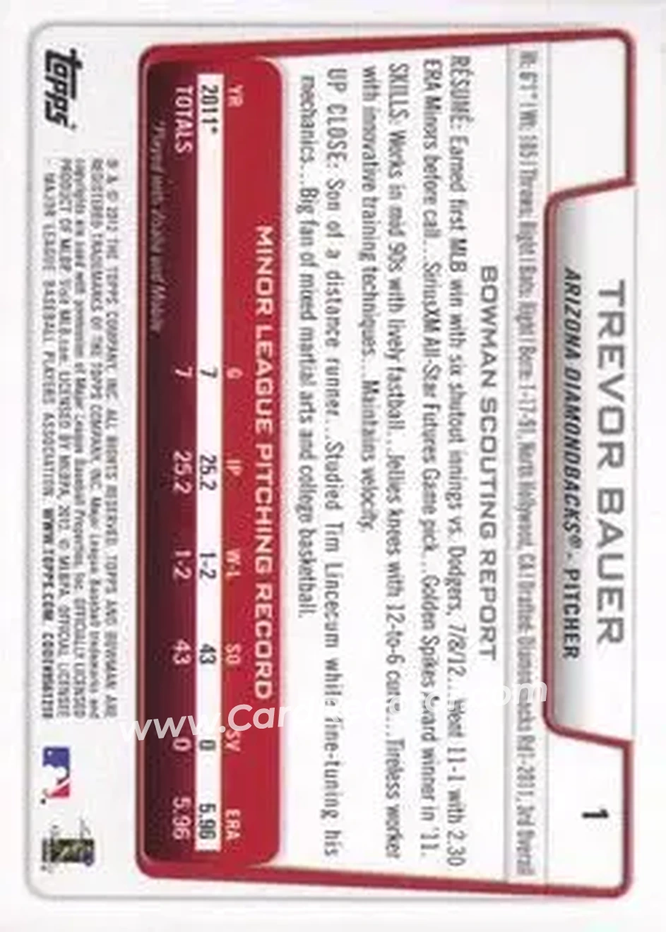2012 Bowman Draft Picks & Prospects #1 - Trevor Bauer - Arizona Diamondbacks - Back