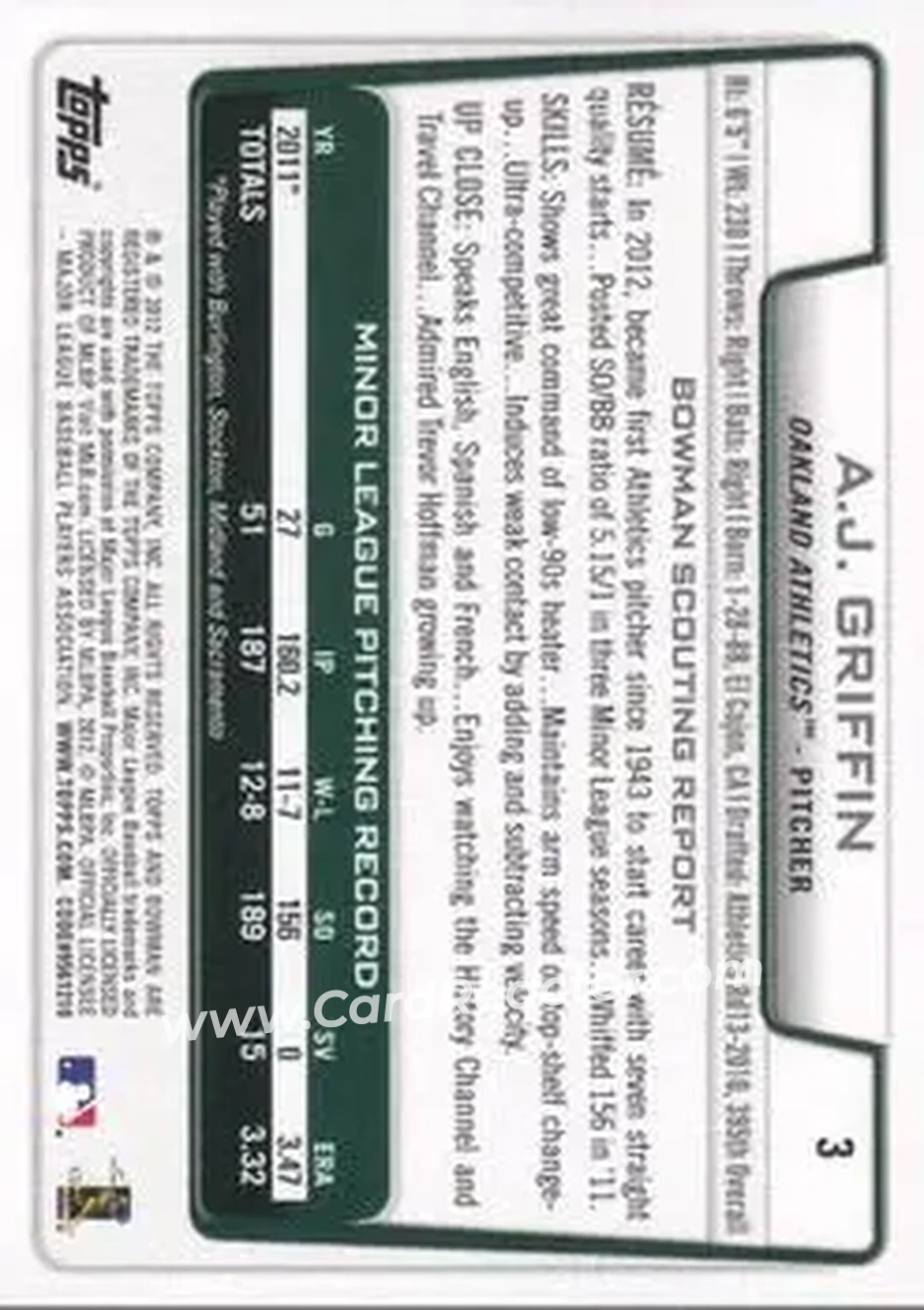 2012 Bowman Draft Picks & Prospects #3 - A.J. Griffin - Oakland Athletics - Back 2012 Bowman Draft Picks & Prospects #3 - A.J. Griffin - Oakland Athletics - Back