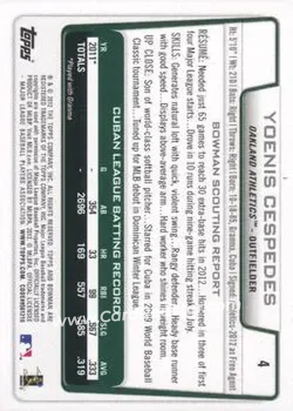 2012 Bowman Draft Picks & Prospects #4 - Yoenis Cespedes - Oakland Athletics - Back