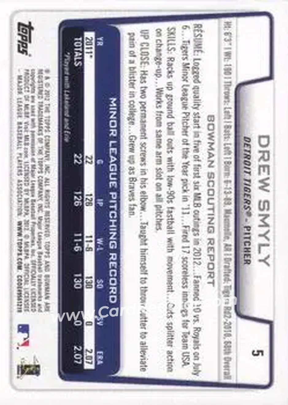 2012 Bowman Draft Picks & Prospects #5 - Drew Smyly - Detroit Tigers - Back 2012 Bowman Draft Picks & Prospects #5 - Drew Smyly - Detroit Tigers - Back
