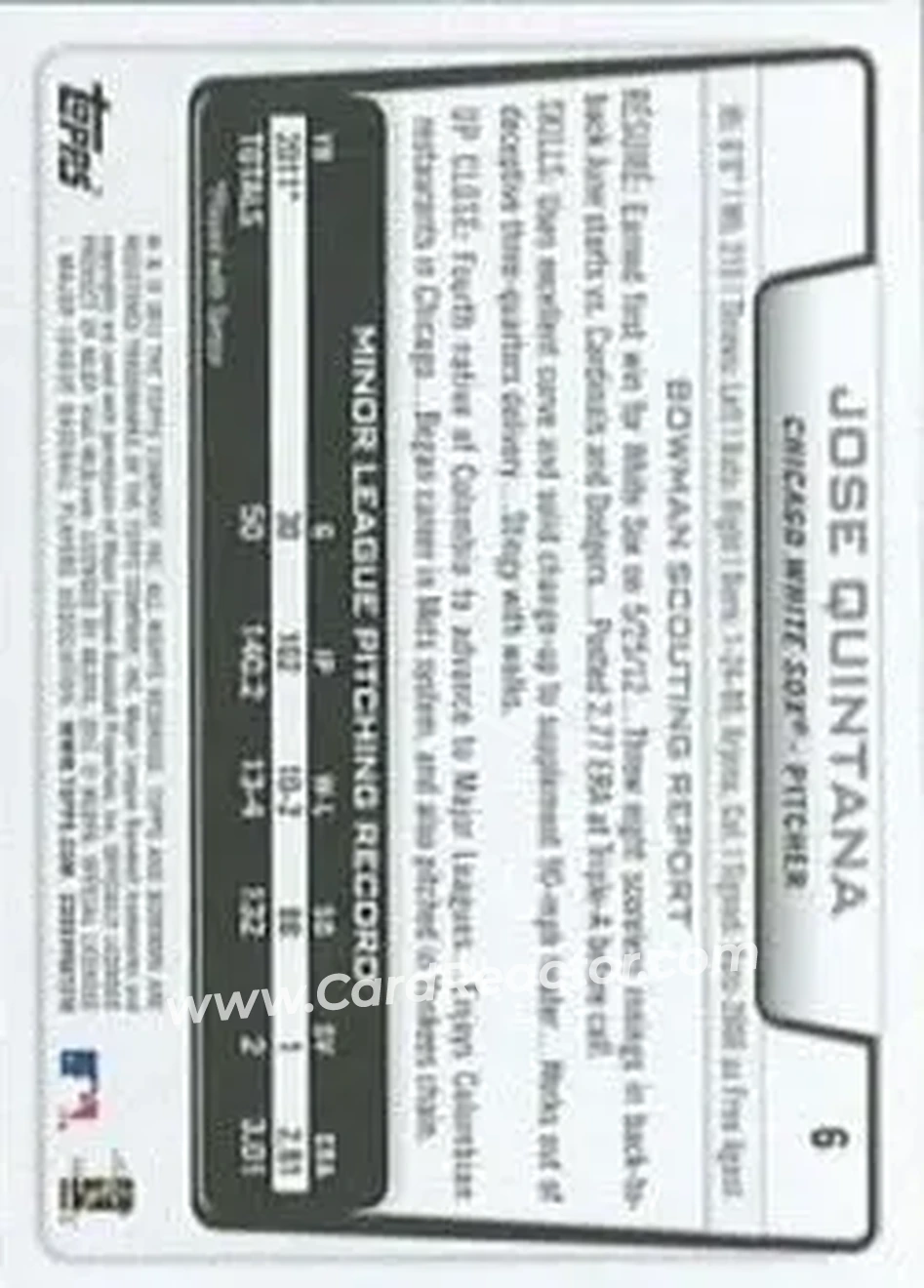 2012 Bowman Draft Picks & Prospects #6 - Jose Quintana - Chicago White Sox - Back