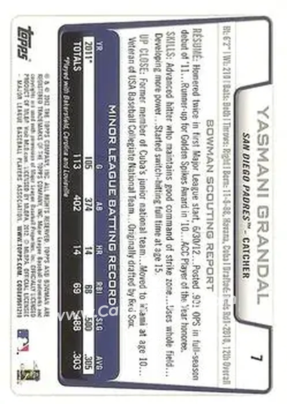 2012 Bowman Draft Picks & Prospects #7 - Yasmani Grandal - San Diego Padres - Back
