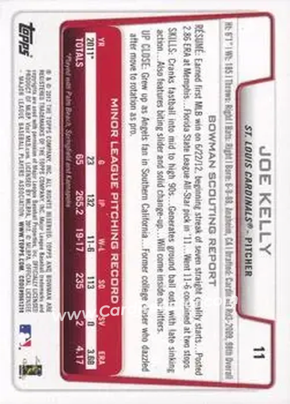 2012 Bowman Draft Picks & Prospects #11 - Joe Kelly - St. Louis Cardinals - Back