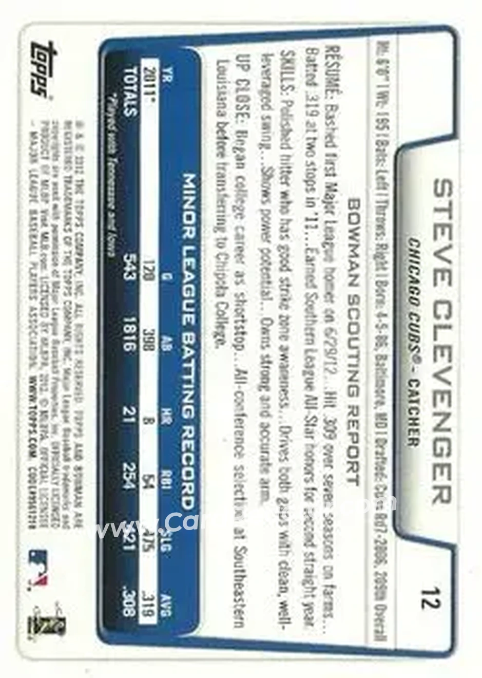 2012 Bowman Draft Picks & Prospects #12 - Steve Clevenger - Chicago Cubs - Back 2012 Bowman Draft Picks & Prospects #12 - Steve Clevenger - Chicago Cubs - Back