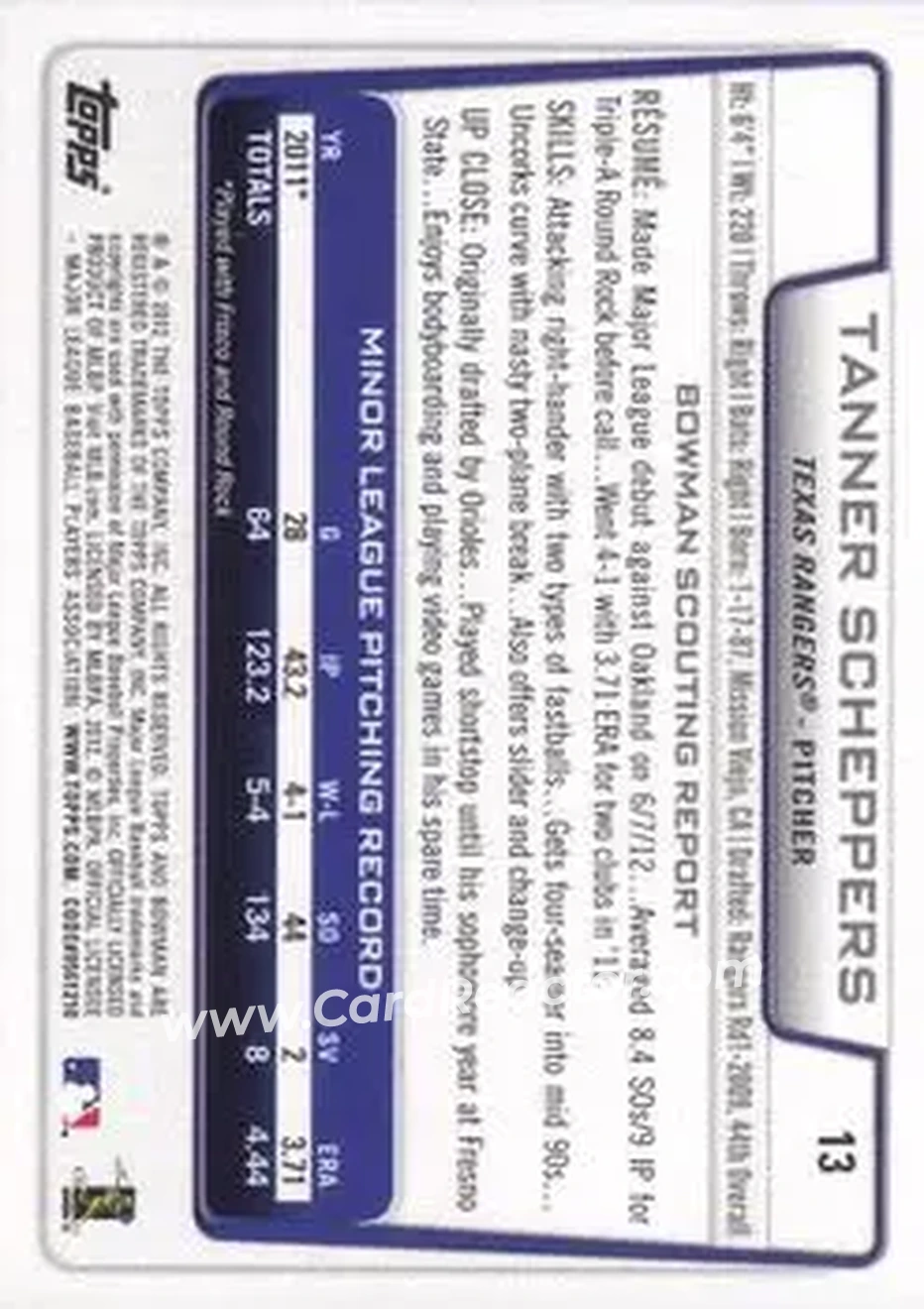 2012 Bowman Draft Picks & Prospects #13 - Tanner Scheppers - Texas Rangers - Back