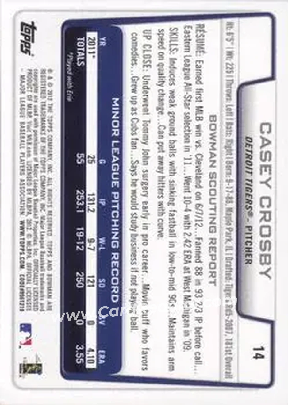 2012 Bowman Draft Picks & Prospects #14 - Casey Crosby - Detroit Tigers - Back 2012 Bowman Draft Picks & Prospects #14 - Casey Crosby - Detroit Tigers - Back