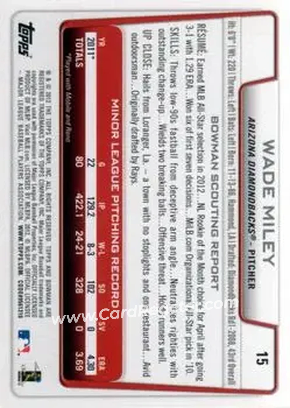 2012 Bowman Draft Picks & Prospects #15 - Wade Miley - Arizona Diamondbacks - Back