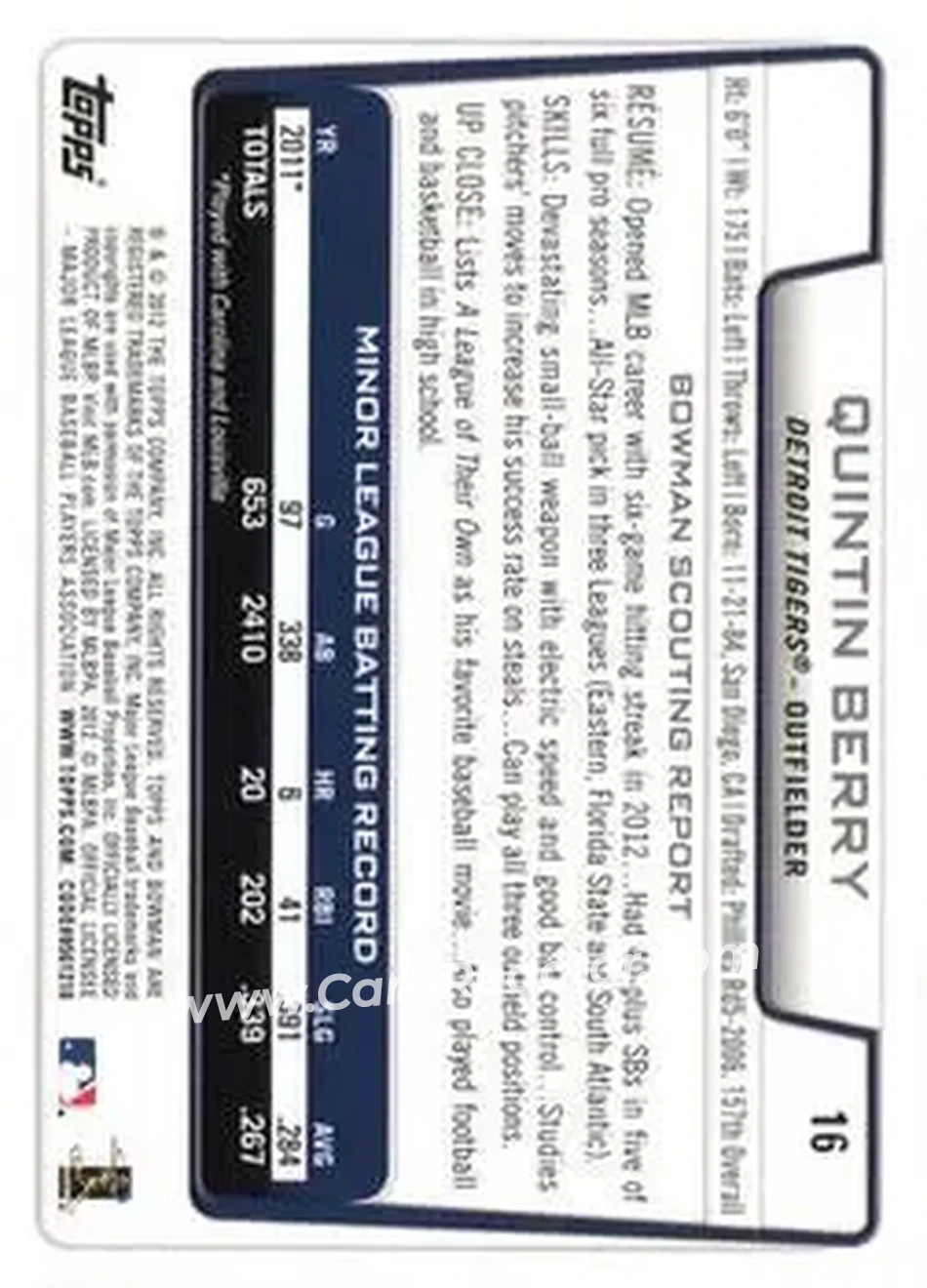 2012 Bowman Draft Picks & Prospects #16 - Quintin Berry - Detroit Tigers - Back 2012 Bowman Draft Picks & Prospects #16 - Quintin Berry - Detroit Tigers - Back