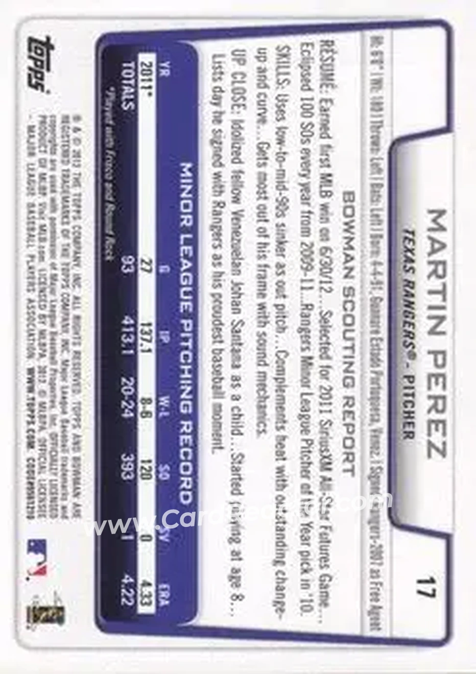 2012 Bowman Draft Picks & Prospects #17 - Martin Perez - Texas Rangers - Back