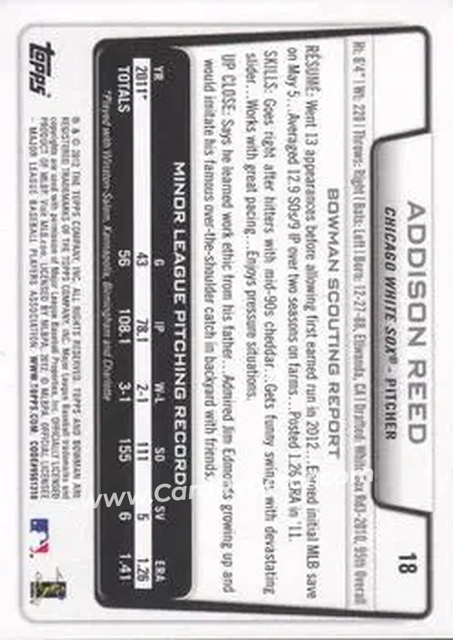 2012 Bowman Draft Picks & Prospects #18 - Addison Reed - Chicago White Sox - Back
