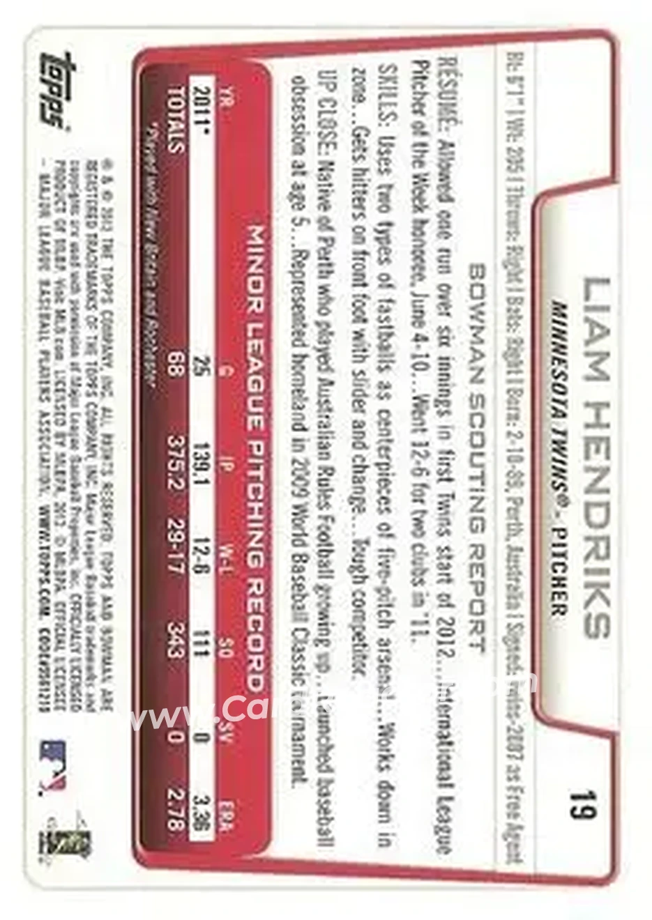 2012 Bowman Draft Picks & Prospects #19 - Liam Hendriks - Minnesota Twins - Back