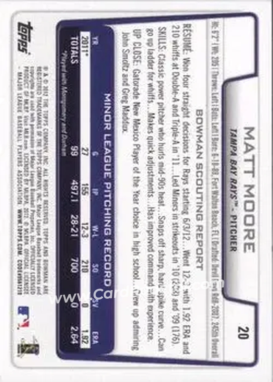 2012 Bowman Draft Picks & Prospects #20 - Matt Moore - Tampa Bay Rays - Back 2012 Bowman Draft Picks & Prospects #20 - Matt Moore - Tampa Bay Rays - Back