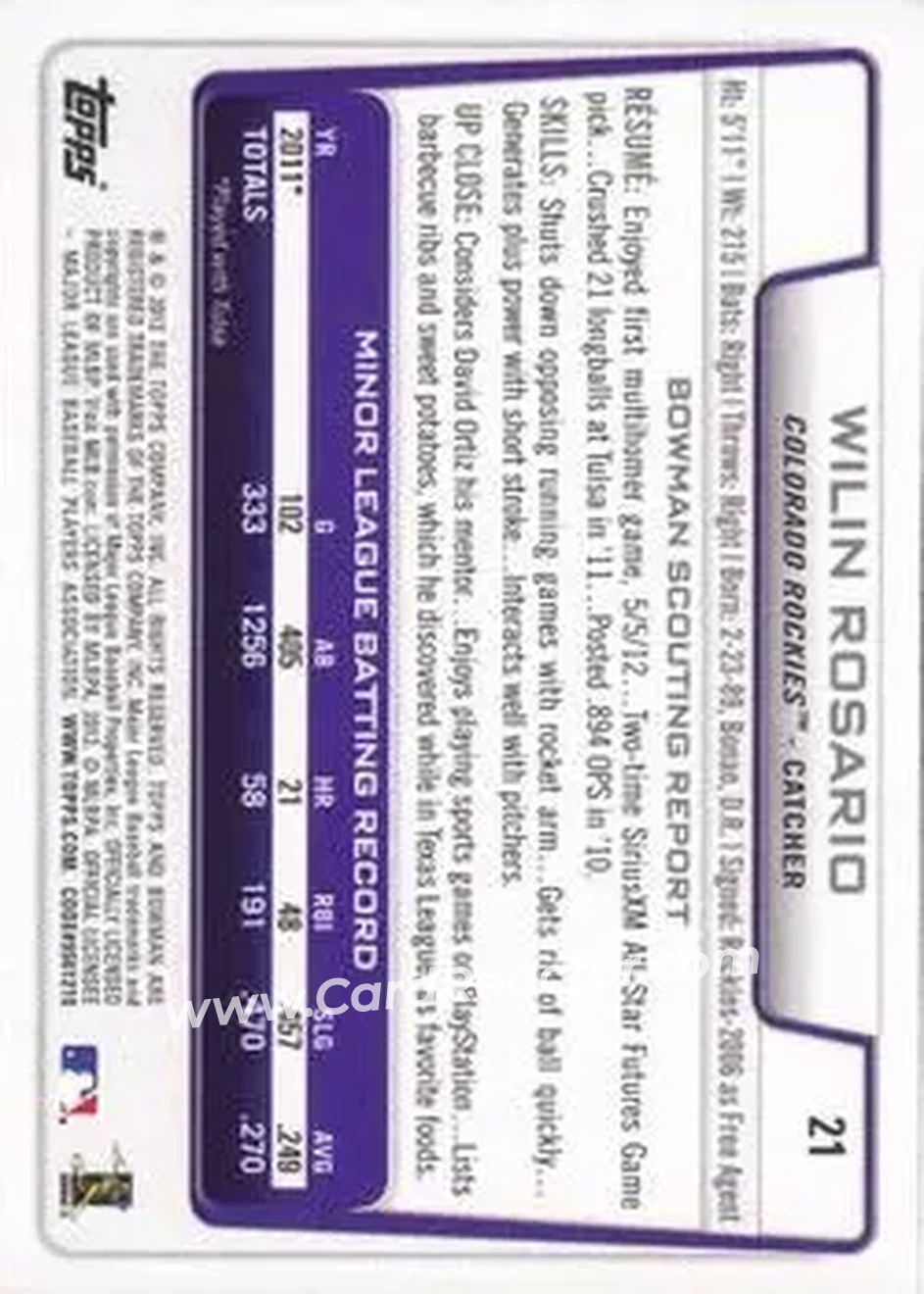 2012 Bowman Draft Picks & Prospects #21 - Wilin Rosario - Colorado Rockies - Back