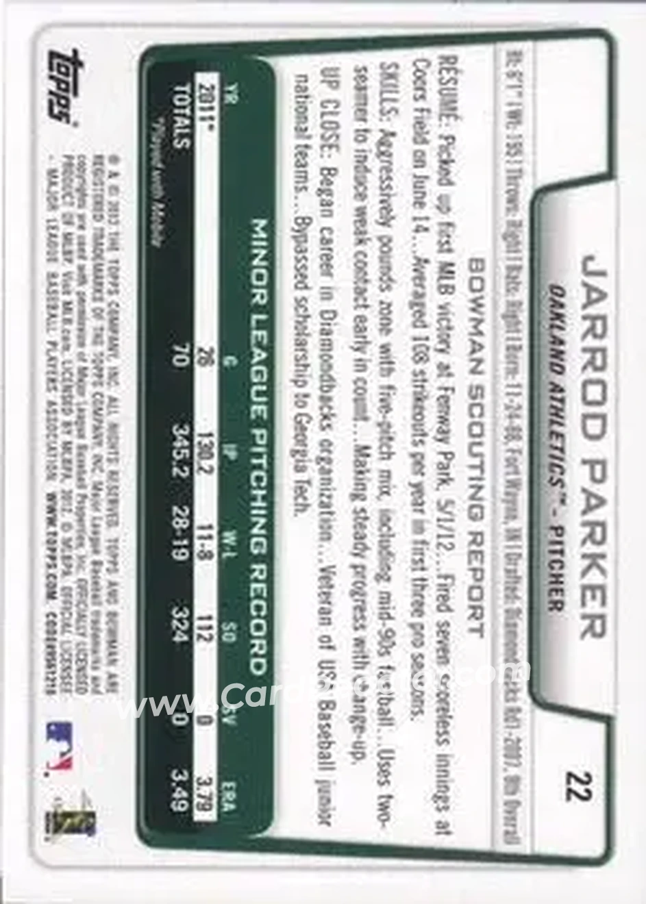 2012 Bowman Draft Picks & Prospects #22 - Jarrod Parker - Oakland Athletics - Back 2012 Bowman Draft Picks & Prospects #22 - Jarrod Parker - Oakland Athletics - Back