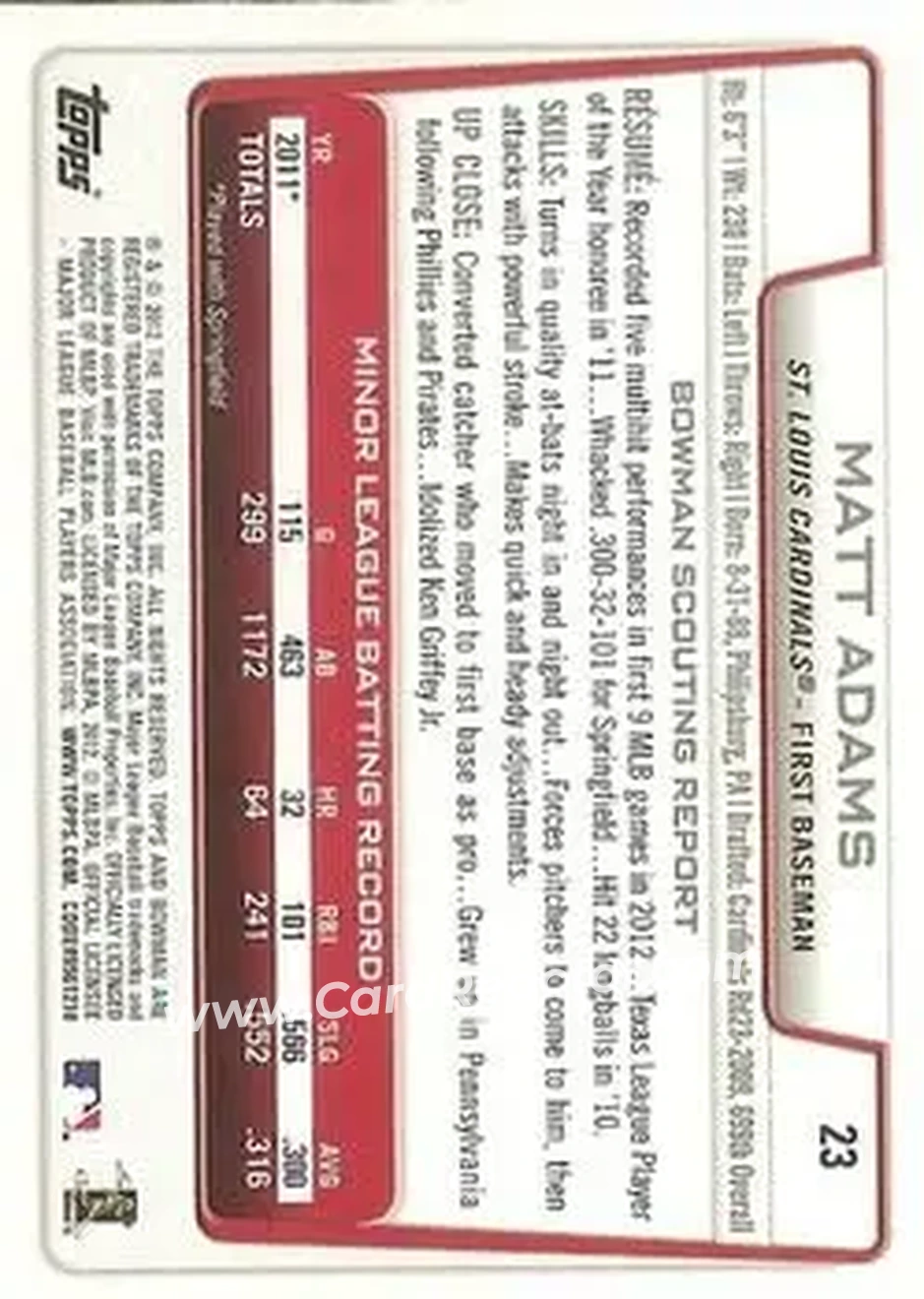 2012 Bowman Draft Picks & Prospects #23 - Matt Adams - St. Louis Cardinals - Back 2012 Bowman Draft Picks & Prospects #23 - Matt Adams - St. Louis Cardinals - Back