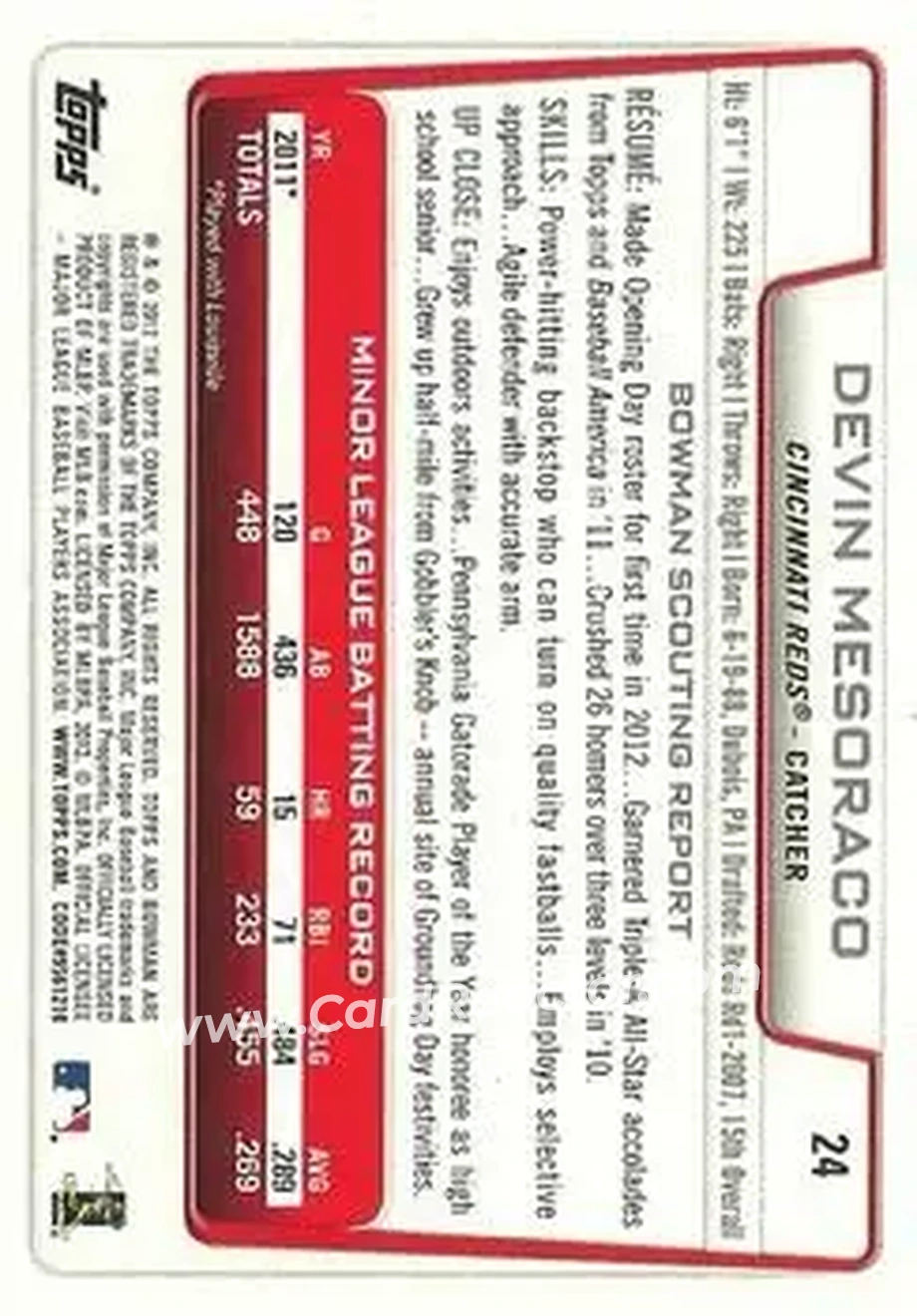 2012 Bowman Draft Picks & Prospects #24 - Devin Mesoraco - Cincinnati Reds - Back