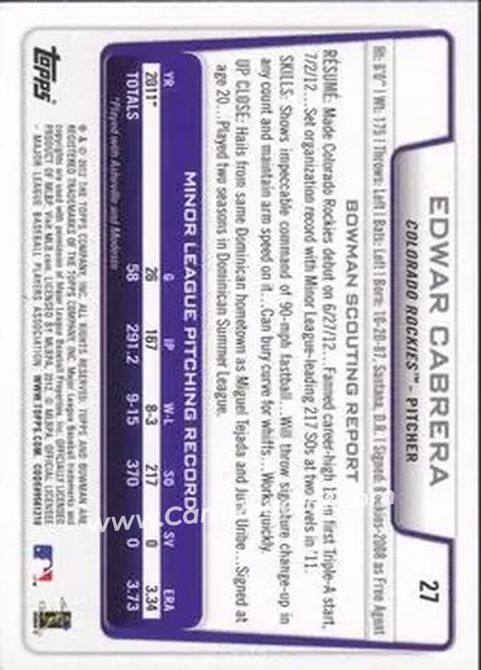 2012 Bowman Draft Picks & Prospects #27 - Edwar Cabrera - Colorado Rockies - Back