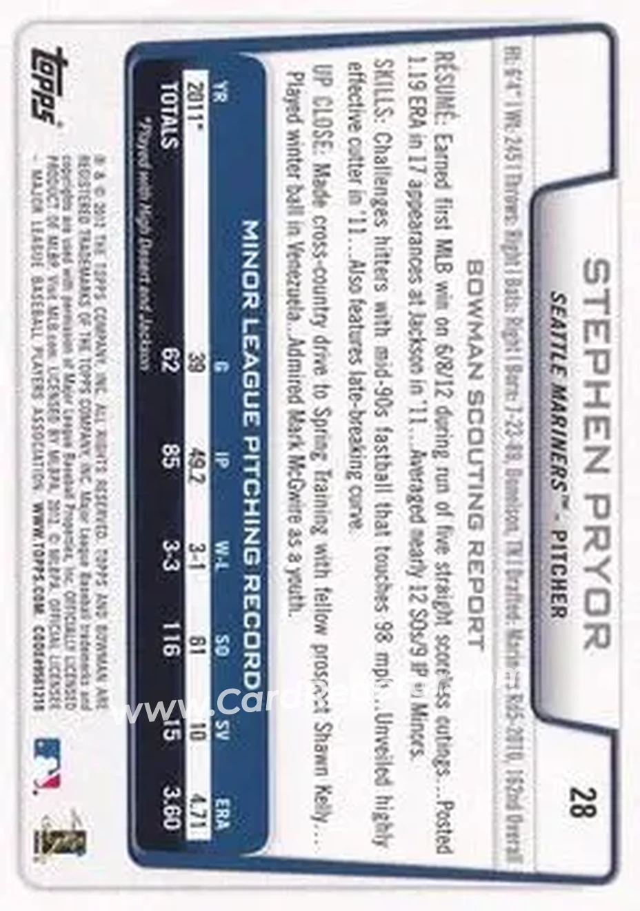 2012 Bowman Draft Picks & Prospects #28 - Stephen Pryor - Seattle Mariners - Back 2012 Bowman Draft Picks & Prospects #28 - Stephen Pryor - Seattle Mariners - Back