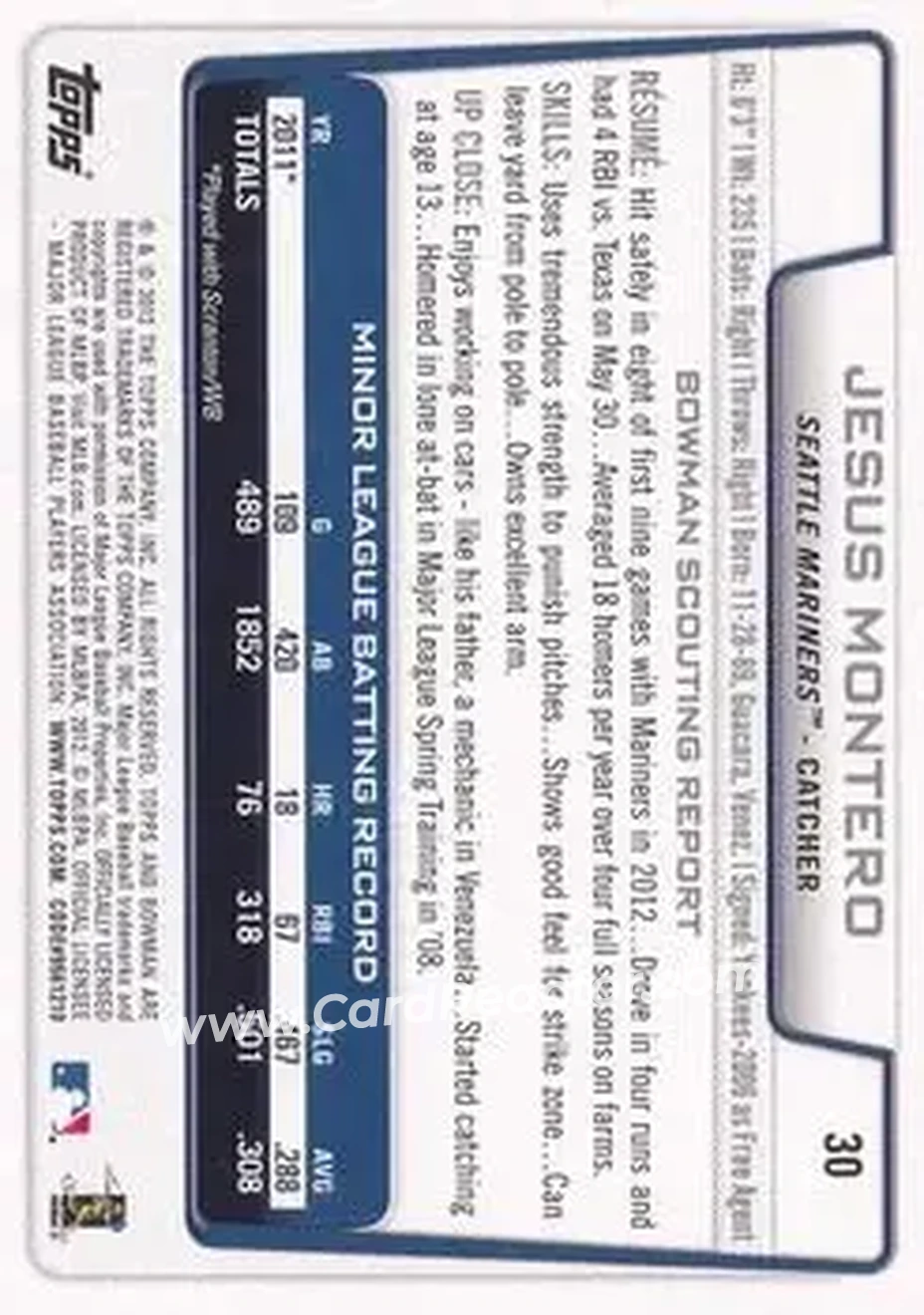 2012 Bowman Draft Picks & Prospects #30 - Jesus Montero - Seattle Mariners - Back 2012 Bowman Draft Picks & Prospects #30 - Jesus Montero - Seattle Mariners - Back