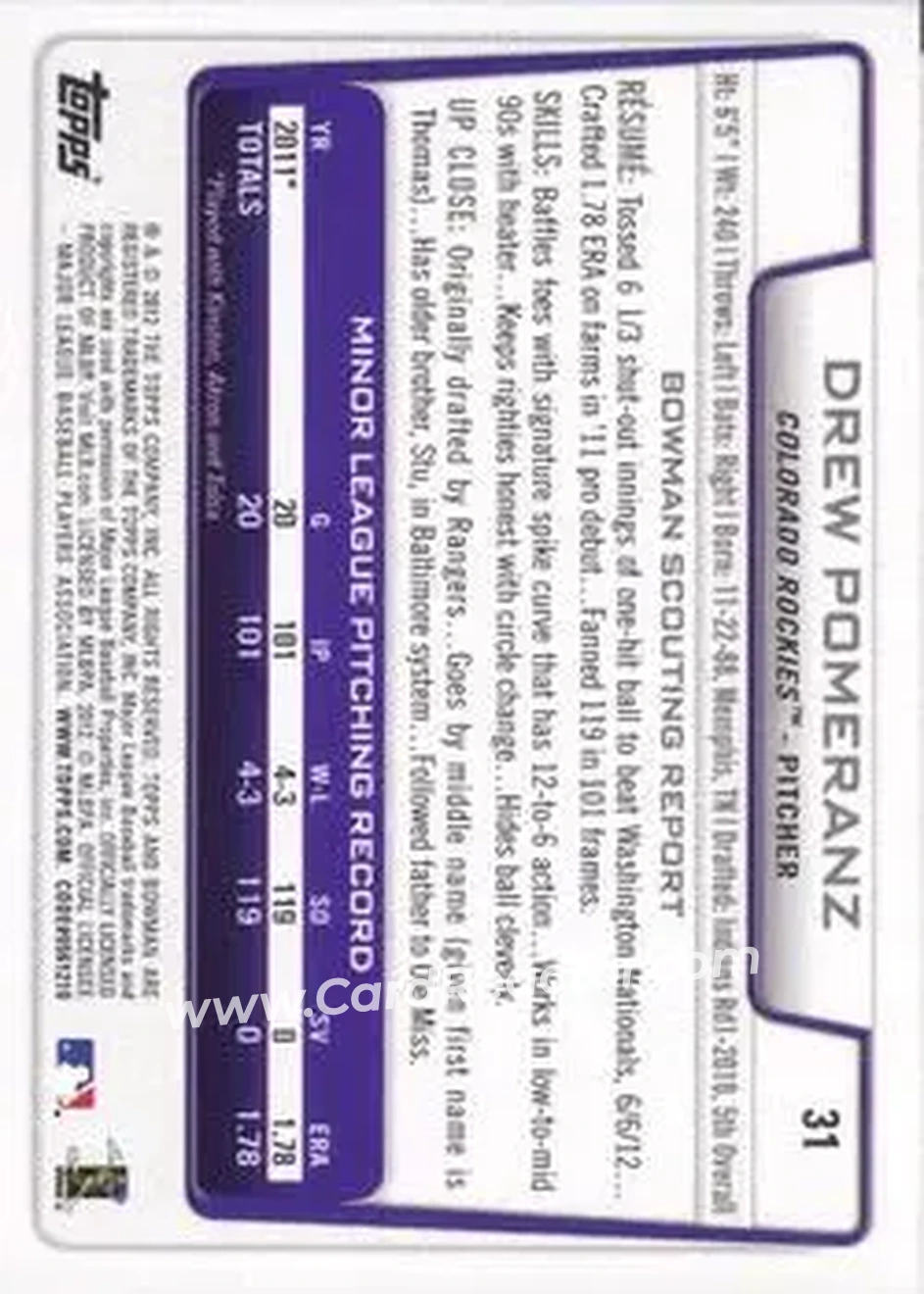 2012 Bowman Draft Picks & Prospects #31 - Drew Pomeranz - Colorado Rockies - Back 2012 Bowman Draft Picks & Prospects #31 - Drew Pomeranz - Colorado Rockies - Back