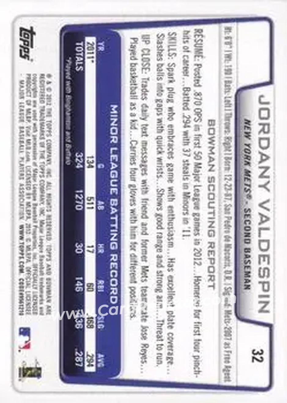 2012 Bowman Draft Picks & Prospects #32 - Jordany Valdespin - New York Mets - Back