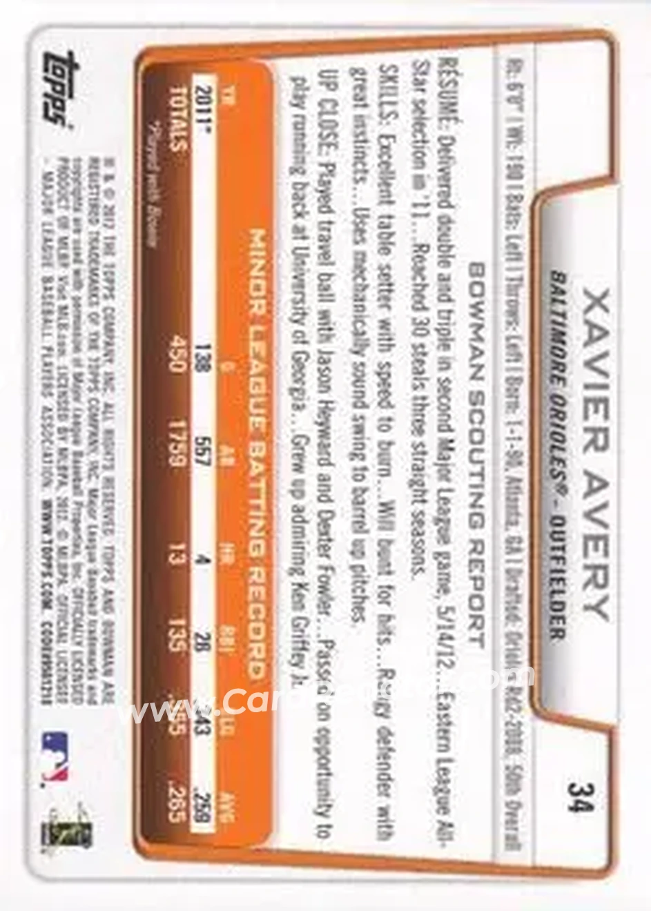 2012 Bowman Draft Picks & Prospects #34 - Xavier Avery - Baltimore Orioles - Back
