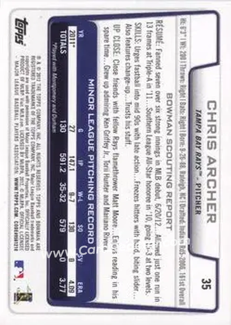 2012 Bowman Draft Picks & Prospects #35 - Chris Archer - Tampa Bay Rays - Back 2012 Bowman Draft Picks & Prospects #35 - Chris Archer - Tampa Bay Rays - Back