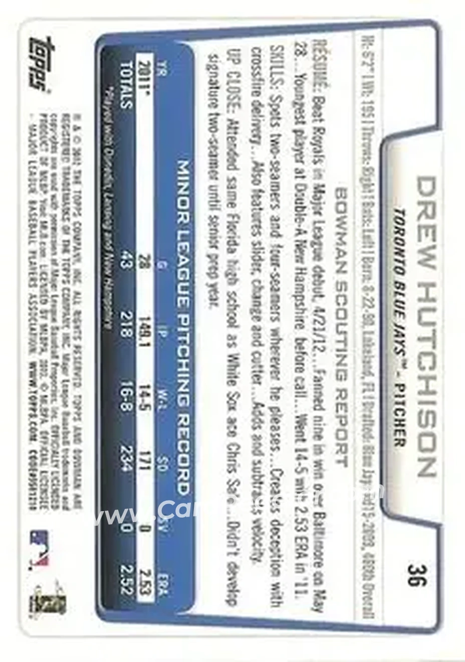 2012 Bowman Draft Picks & Prospects #36 - Drew Hutchison - Toronto Blue Jays - Back