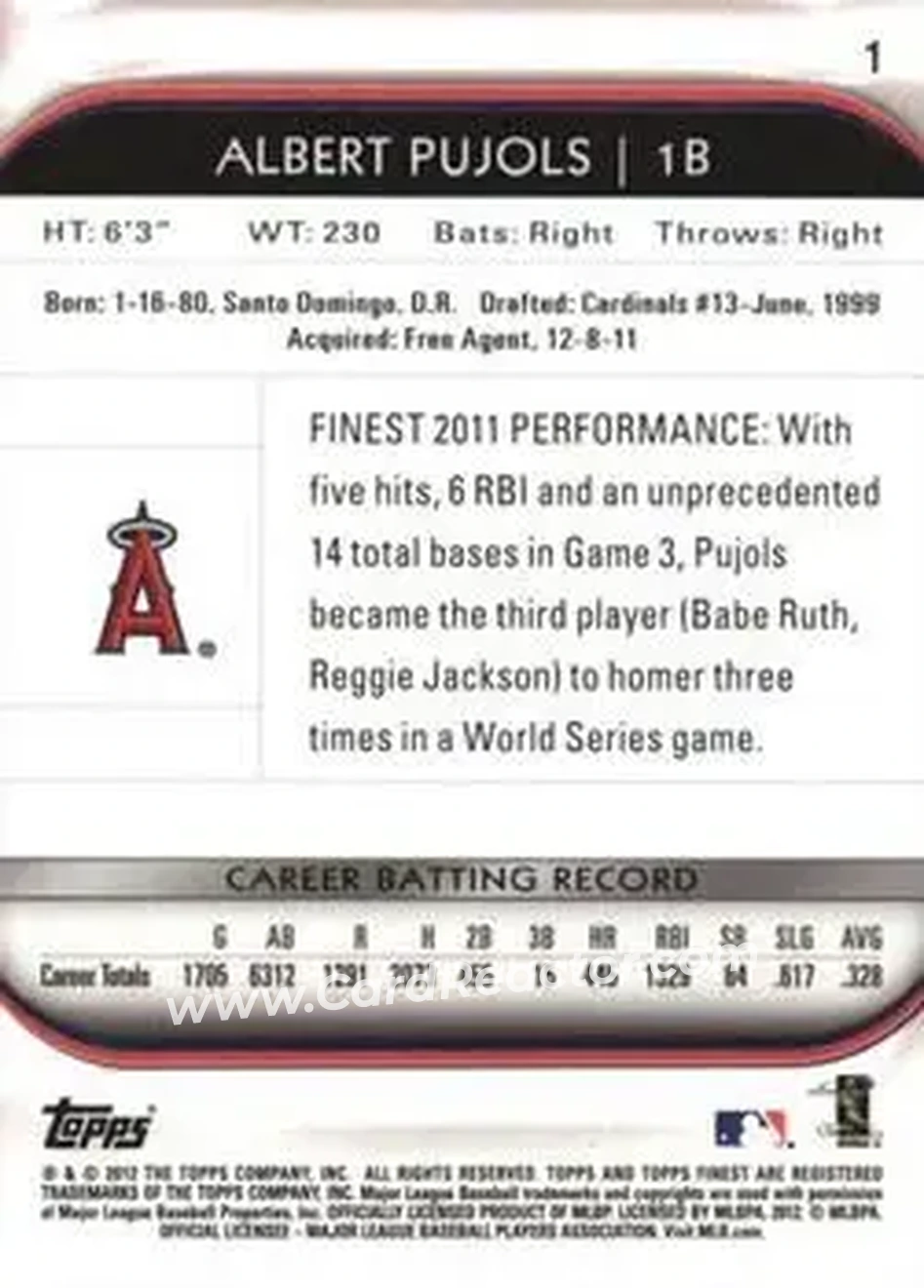 2012 Finest #1 - Albert Pujols - Los Angeles Angels - Back