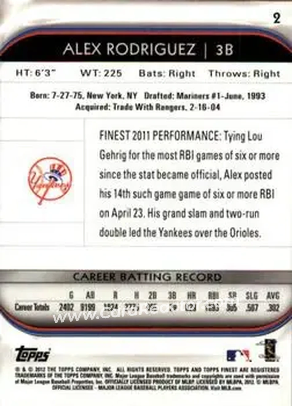 2012 Finest #2 - Alex Rodriguez - New York Yankees - Back 2012 Finest #2 - Alex Rodriguez - New York Yankees - Back