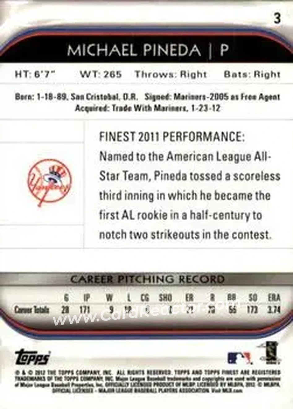 2012 Finest #3 - Michael Pineda - New York Yankees - Back