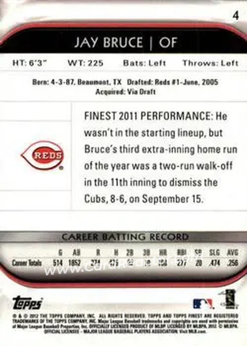 2012 Finest #4 - Jay Bruce - Cincinnati Reds - Back