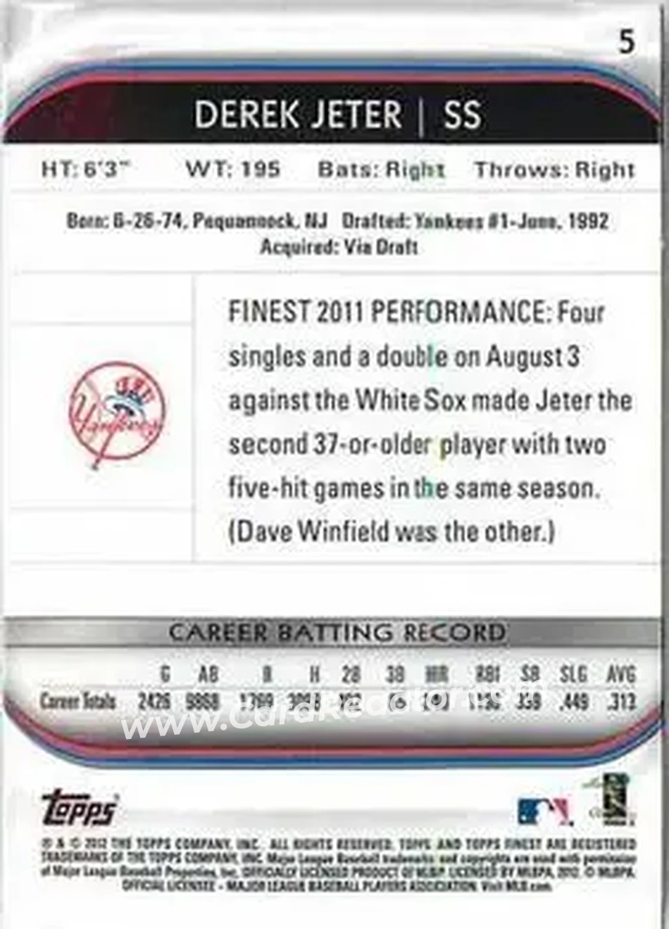 2012 Finest #5 - Derek Jeter - New York Yankees - Back