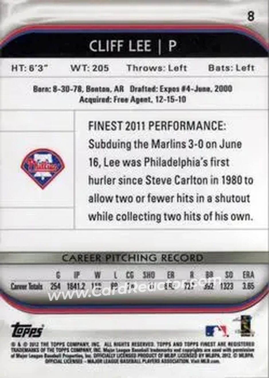 2012 Finest #8 - Cliff Lee - Philadelphia Phillies - Back