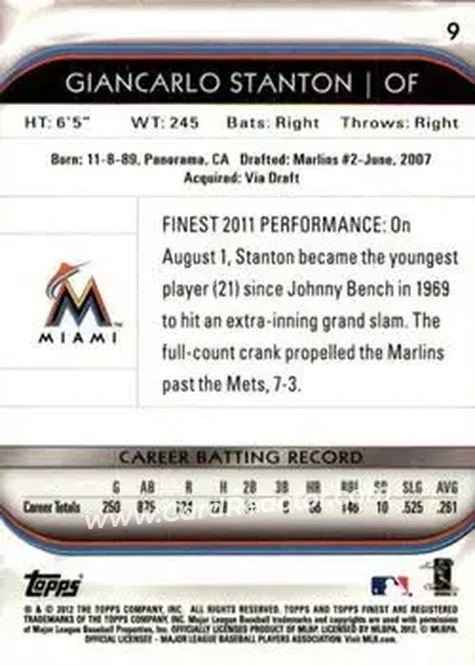 2012 Finest #9 - Giancarlo Stanton - Miami Marlins - Back 2012 Finest #9 - Giancarlo Stanton - Miami Marlins - Back